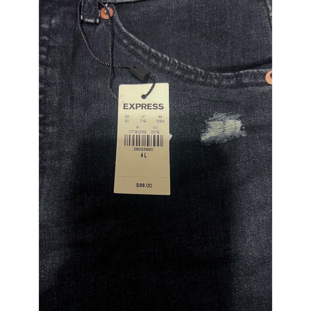 EXPRESS SUPER HIGH RISE DARK WASH RIPPED SUPERSOFT SKINNY JEANS - Picture 5 of 6